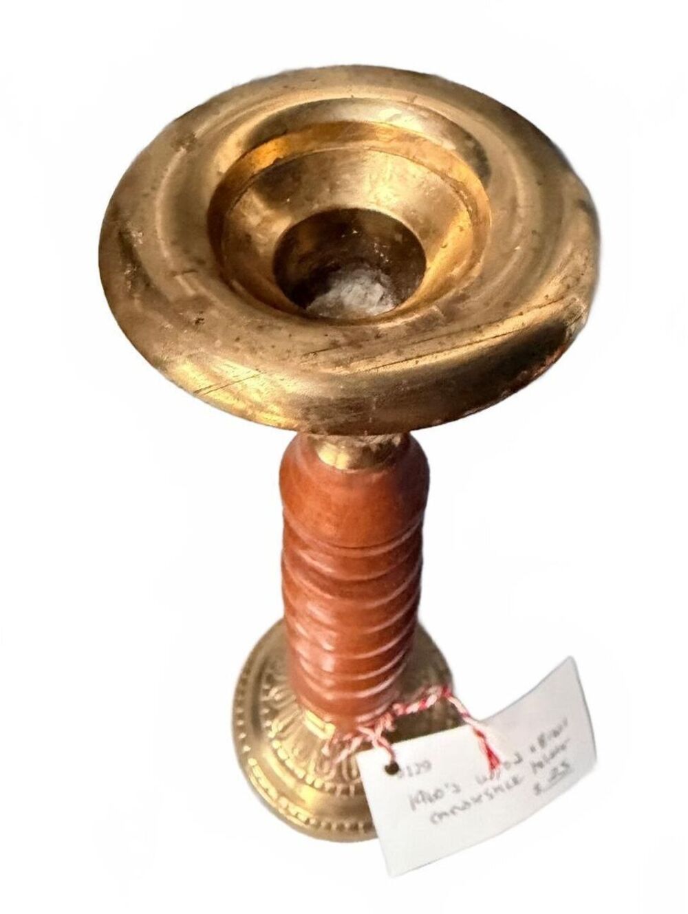 Vintage Turned Wood Brass Candlestick Holder Scandinavian Mid Century Decor - Picture 2 of 6